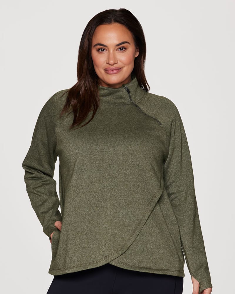 Front of a model wearing a size 3X Plus Prime Ready To Roll Fleece Zip Mock Neck Pullover in Olive by RBX Active. | dia_product_style_image_id:316072